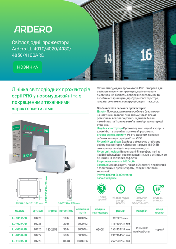 Светодиодный прожектор Ardero LL-4100ARD PRO 100W 10000Lm 6500K