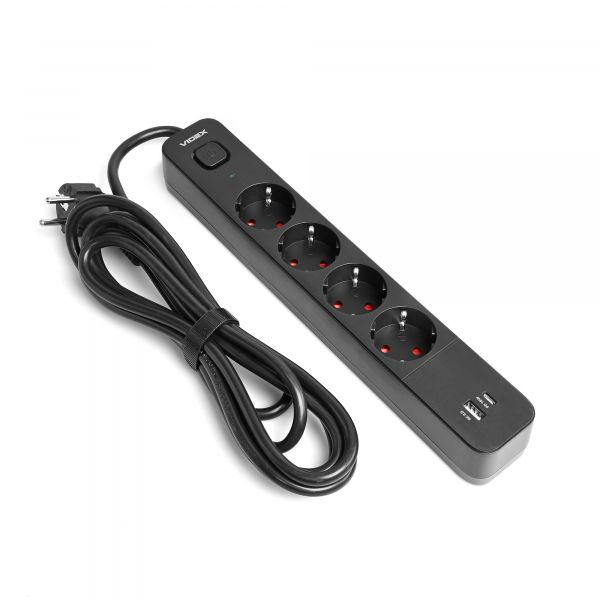 Мережевий подовжувач VIDEX ONCORD з/з 4п 3м (3x1.5мм) 3.4А USB(QC3.0) +USB-C(PD18W) з кнопкою Black