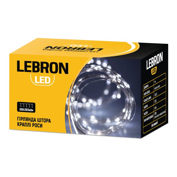 Гірлянда Lebron штора краплі роси 200LED жовтий 8 режимів USB пульт ДК IP20 кабель прозорий 3х2м