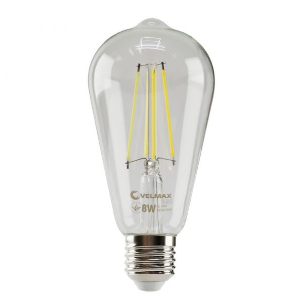 Лампа свiтлодiодна 8W E27 4100K прозора Velmax V-Filament-St64