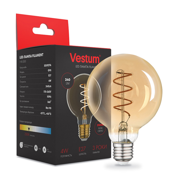 Лампа LED Vestum філамент вінтаж golden twist G95 Е27 4Вт 220V 2500К
