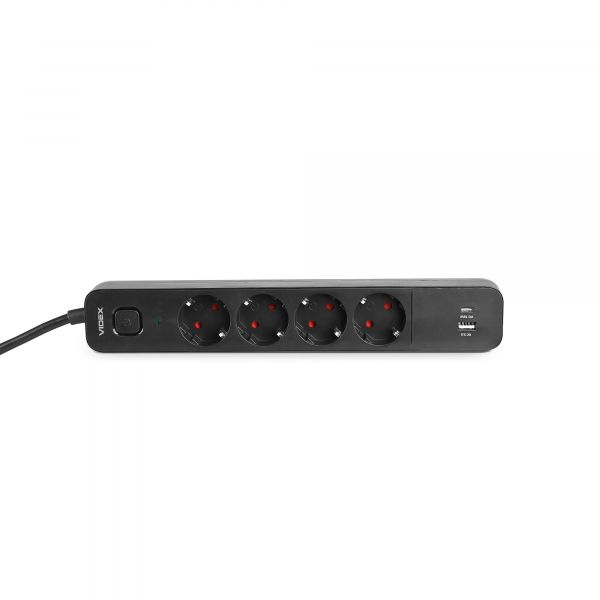 Мережевий подовжувач VIDEX ONCORD з/з 4п 3м (3x1.5мм) 3.4А USB(QC3.0) +USB-C(PD18W) з кнопкою Black