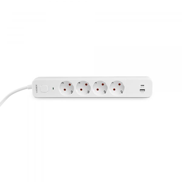 Мережевий подовжувач VIDEX ONCORD з/з 4п 3м (3x1.5мм) 3.4А USB(QC3.0) +USB-C(PD18W) з кнопкою White