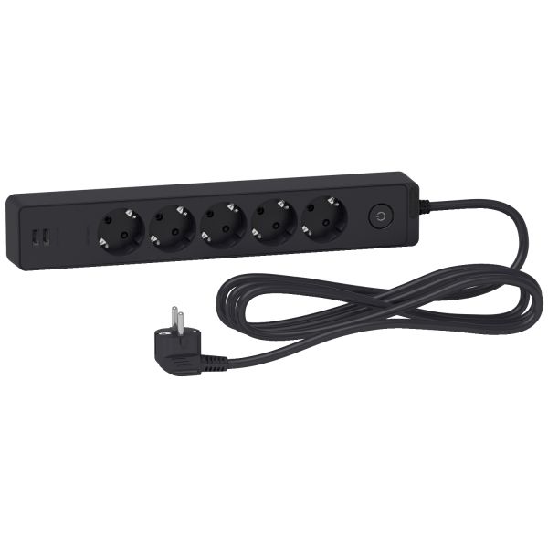 Удлинитель 5 розеток с заземлением и 2хUSB 3 метра черный Schneider Electric Unica Extend ST945U3B
