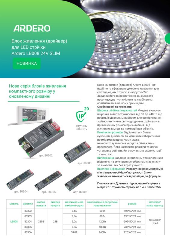 Блок живлення 24V DC 120Вт драйвер для LED стрічки Ardero LB008 5А IP20