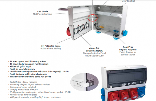 Бокс на 6 модулів та розетки 2шт 220V + силова 32А 3P+N+PE TP Electric IP44