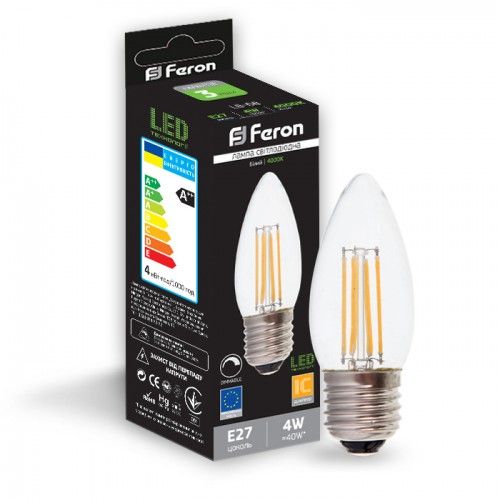 Лампа свiтлодiодна димер свічка 4W E27 2700K filament Feron LB-68 C37