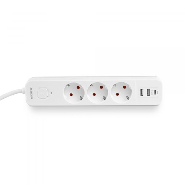 Мережевий подовжувач VIDEX ONCORD з/з 3п 3м (3x1.5мм) 2.4А 2USB+USB-C з кнопкою White