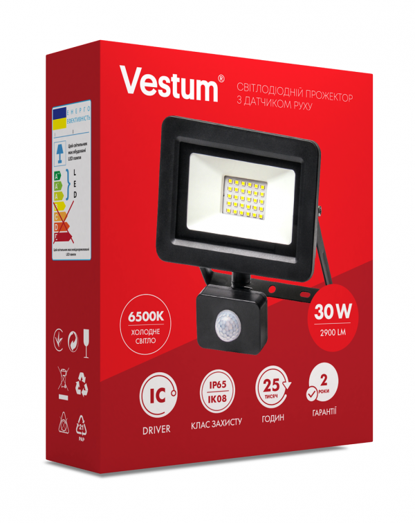 Прожектор LED Vestum з датчиком руху 30W 2900Лм 6500K 175-250V IP65