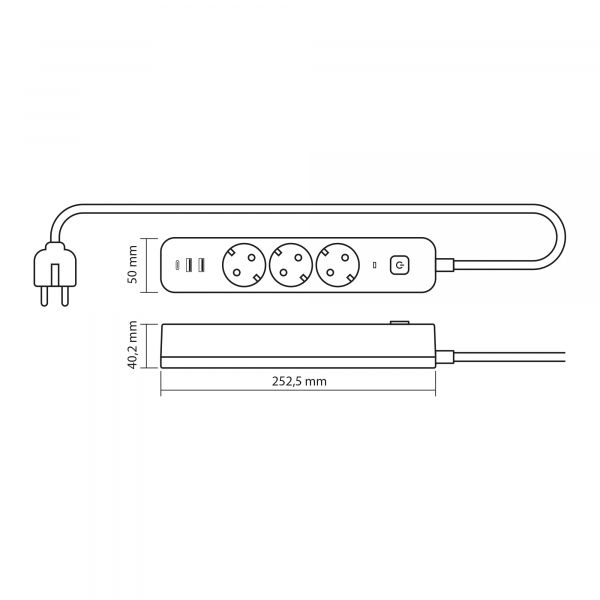 Мережевий подовжувач VIDEX ONCORD з/з 3п 3м (3x1.5мм) 2.4А 2USB+USB-C з кнопкою Black