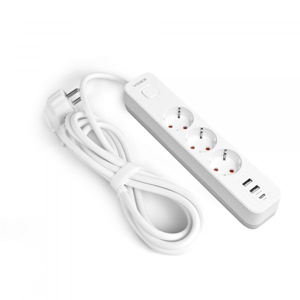 Мережевий подовжувач VIDEX ONCORD з/з 3п 3м (3x1.5мм) 2.4А 2USB+USB-C з кнопкою White