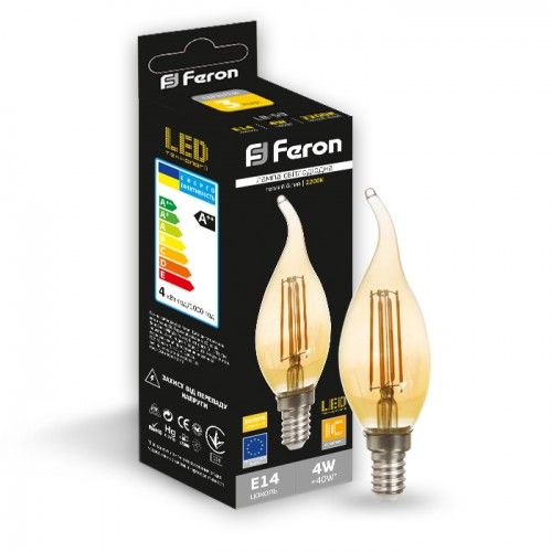 Лампа светодиодная свеча на ветру золото 4W E14 2200K filament Feron LB-59 Cf37