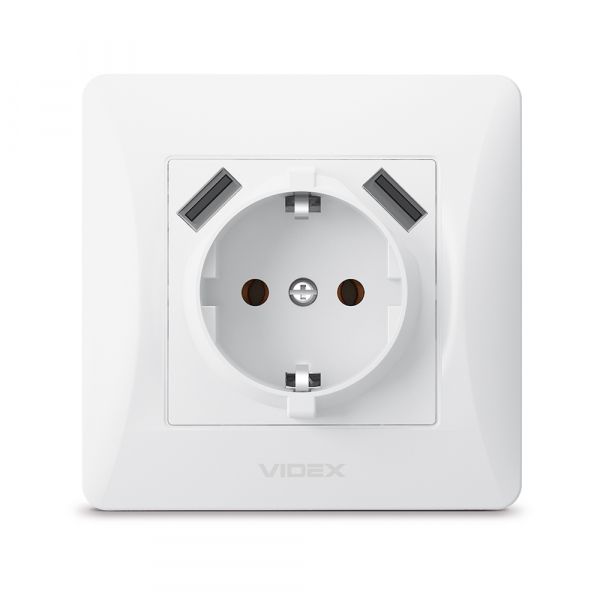Розетка одинарная с заземлением и 2USB белая VIDEX BINERA