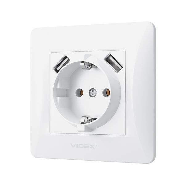 Розетка одинарная с заземлением и 2USB белая VIDEX BINERA
