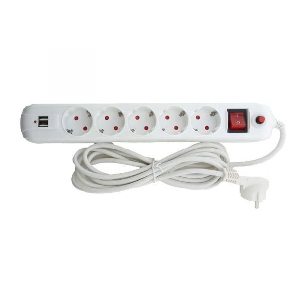 Удлинитель 5 гнезд + 2xUSB 3м с заземлением и кнопкой Lemanso LMK71002