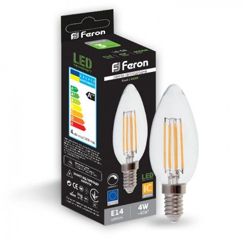 Лампа свiтлодiодна димер свічка 4W E14 2700K filament Feron LB-68 C37