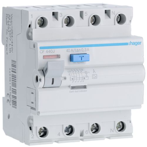 Дифференциальный выключатель УЗО 4п 40А 300мА AC Hager CF440J