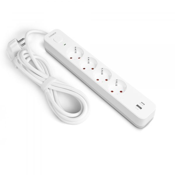 Мережевий подовжувач VIDEX ONCORD з/з 4п 3м (3x1.5мм) 3.4А USB(QC3.0) +USB-C(PD18W) з кнопкою White