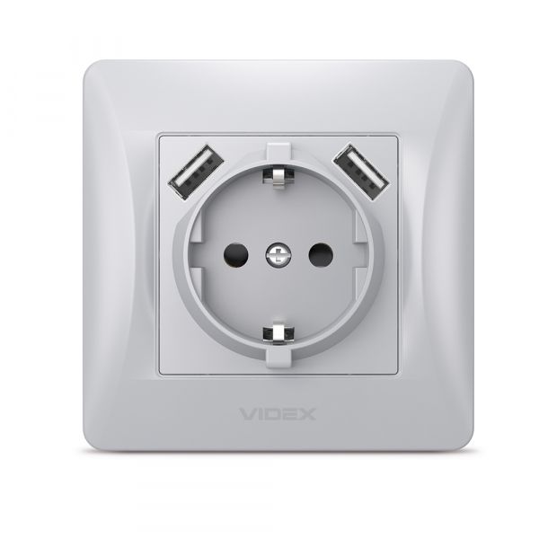 Розетка одинарна із заземленням та 2USB срібний шовк VIDEX BINERA