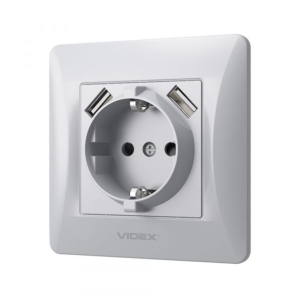 Розетка одинарна із заземленням та 2USB срібний шовк VIDEX BINERA