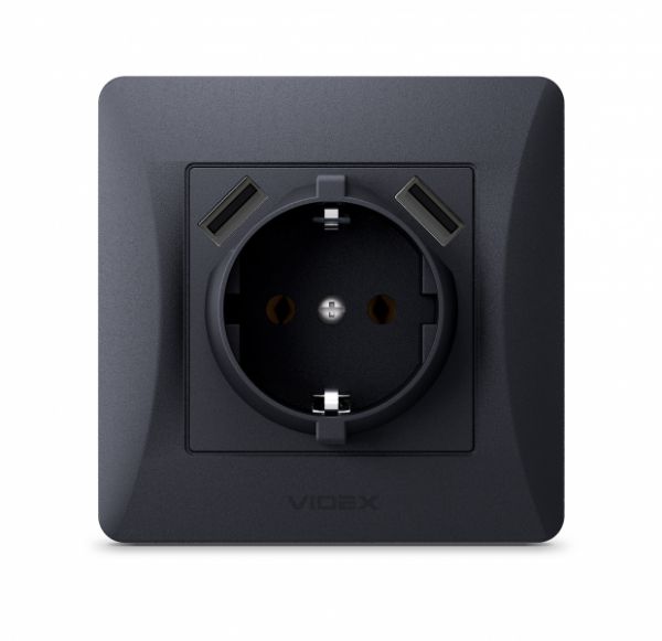 Розетка одинарная с заземлением и 2USB черный графит VIDEX BINERA