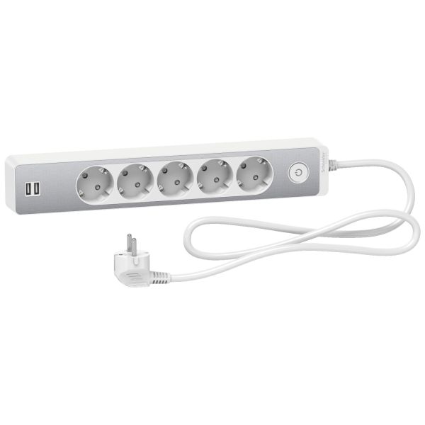 Удлинитель 5 розеток с заземлением и 2хUSB 1,5 метра алюминиевый белый Schneider Electric Unica Extend ST945U1WA