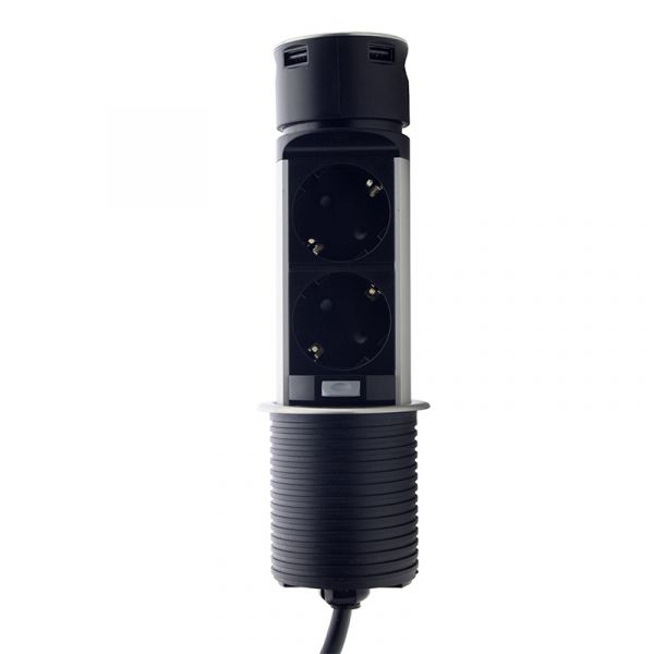 Мебельная розетка (вертикальная) 2 x 16 А , 2 x USB 2,4 А, металл + провод 3 x 1.5 mm² Electro House EH-AR-306