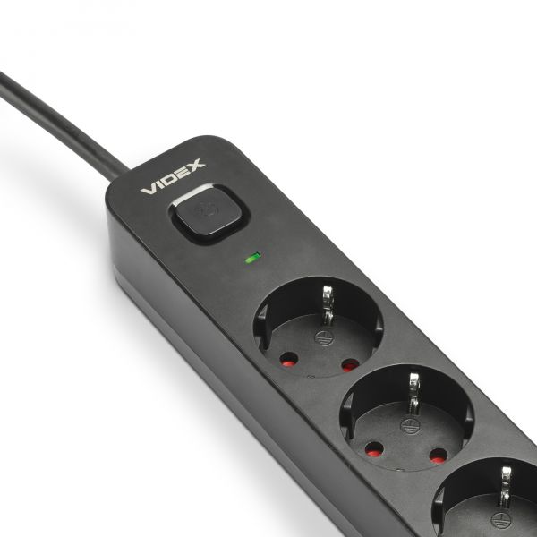 Мережевий подовжувач VIDEX ONCORD з/з 5п 3м (3x1.5мм) з кнопкою Black