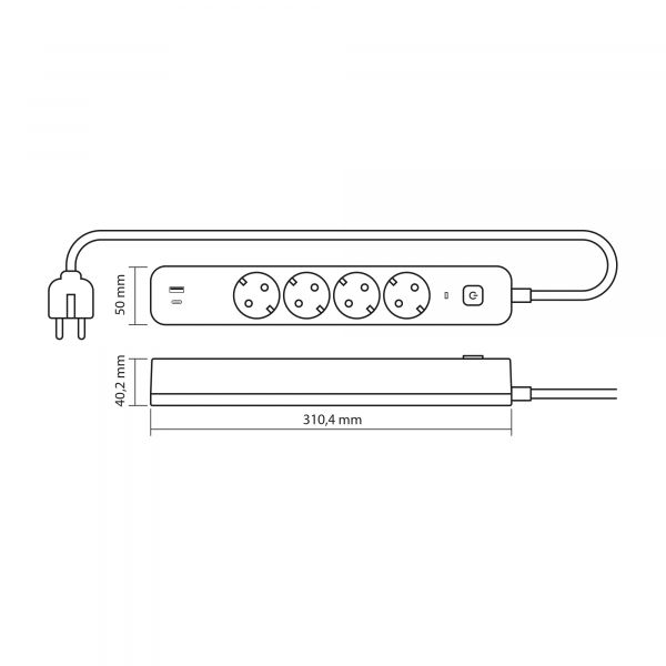 Мережевий подовжувач VIDEX ONCORD з/з 4п 3м (3x1.5мм) 3.4А USB(QC3.0) +USB-C(PD18W) з кнопкою White