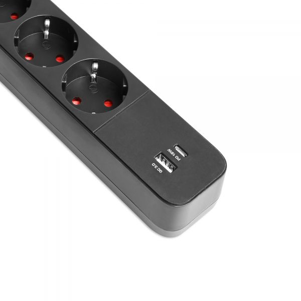 Мережевий подовжувач VIDEX ONCORD з/з 4п 3м (3x1.5мм) 3.4А USB(QC3.0) +USB-C(PD18W) з кнопкою Black