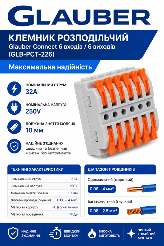 Клемник розподільчий Glauber Connect 6 входів / 6 виходів (GLB-PCT-226)