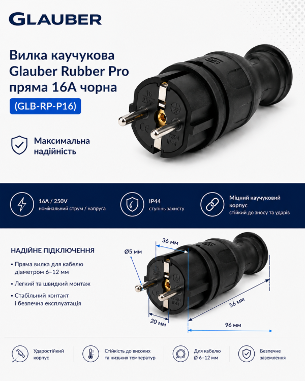 Вилка каучукова Glauber Rubber Pro пряма 16A чорна (GLB-RP-P16)