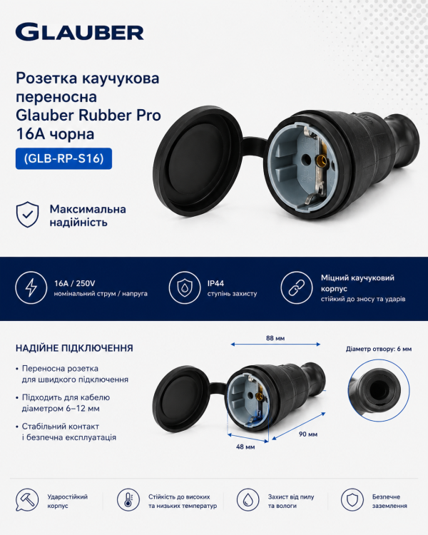 Розетка каучукова переносна Glauber Rubber Pro 16A чорна (GLB-RP-S16)