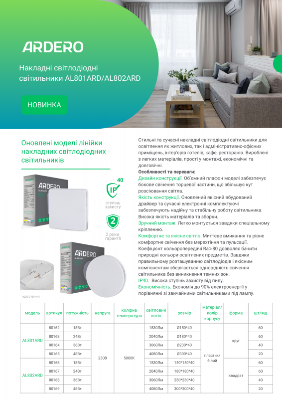 Накладний світлодіодний світильник 36W квадрат 3050Lm 5000K Ardero білий AL802ARD