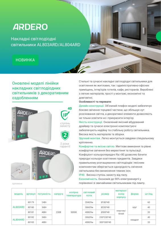 Накладной светодиодный светильник 36W круг декор 3060Lm 5000K Ardero белый AL803ARD