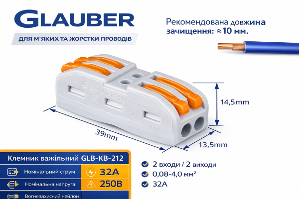 Клеммник рычажный Glauber Connect 2 входа / 2 выхода, 0,08–4,0 мм² 32А (GLB-KB-212)