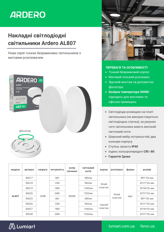 Світильник накладний Ardero led al807 12Вт 5000К 960Лм IP40 чорний