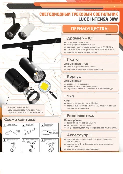 Светильник трековый светодиодный 30Вт 4200К Luce Intensa LI-30-01 черный
