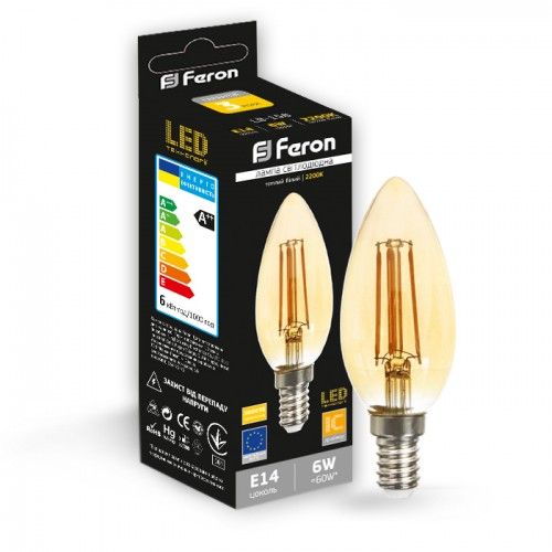 Лампа светодиодная свеча золото 6W E14 2200K filament Feron LB-158 C37