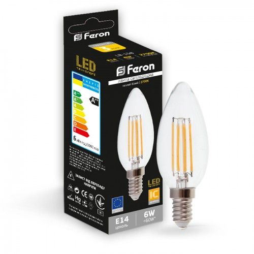 Лампа светодиодная свеча 6W E14 2700K filament Feron LB-158 C37