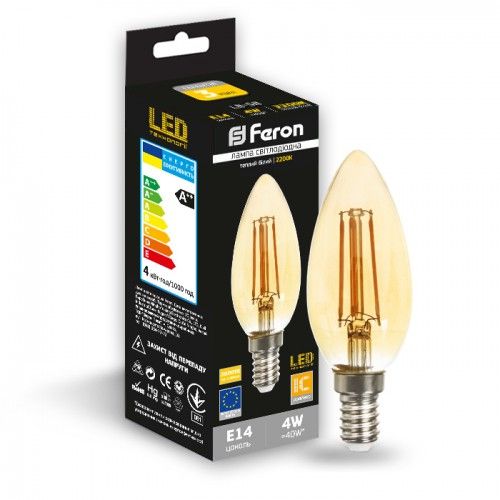 Лампа светодиодная свеча золото 4W E14 2200K filament Feron LB-58 C37