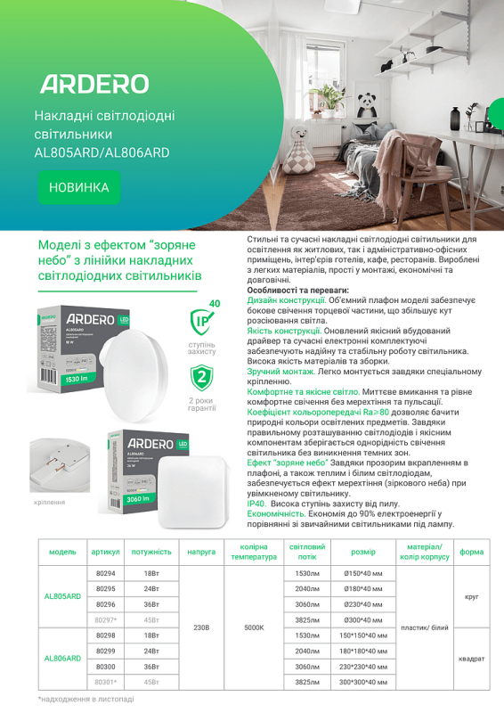 Світильник накладний Ardero led al805ard 36Вт 5000К 3060Лм IP40 зоряне небо