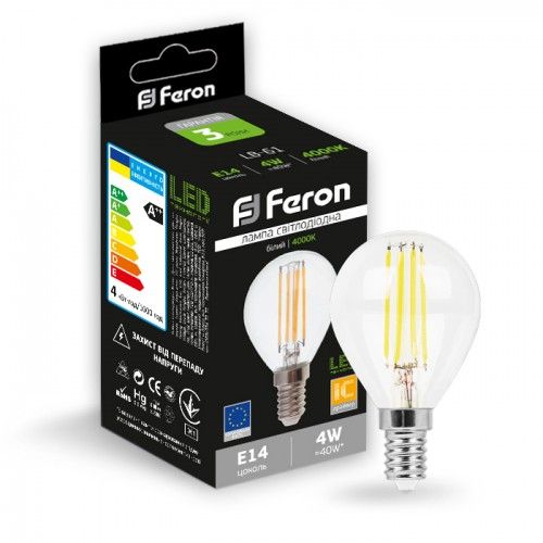 Лампа свiтлодiодна 4W E14 4000K filament Feron LB-61 P45