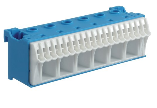 Клемма N QiuckConnect Hager 6x16мм2+20x4мм2 ширина 105мм для щитов 1p 63А 230В синий