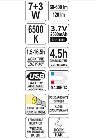 Ліхтар акумуляторний з гаком та манітом 7W+3W YATO YT-08519
