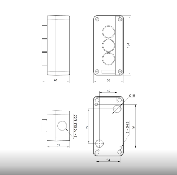 Пост управления трехместный кнопочный XAL-B324 Вверх-О-Вниз 2NO+1NC IP54 Takel