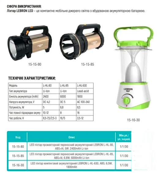 LED фонарь ручной аккумуляторный Lebron L-HL-85 6,8W 6000mAh
