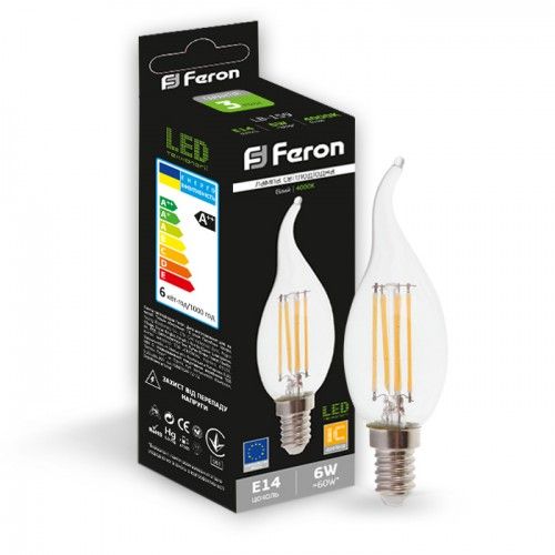 Лампа свiтлодiодна свічка на вітру 6W E14 4000K filament Feron LB-159 Cf37