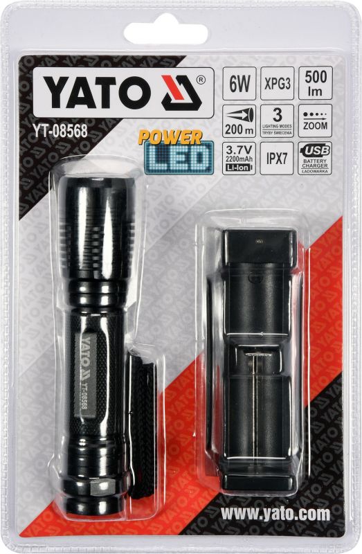 Ліхтар акумуляторний світлодіодний ручний YATO 6W XPG3 CREE YT-08568