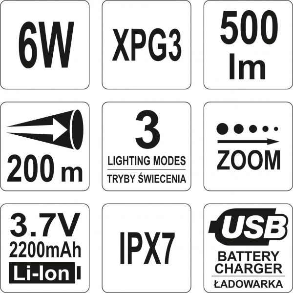 Ліхтар акумуляторний світлодіодний ручний YATO 6W XPG3 CREE YT-08568